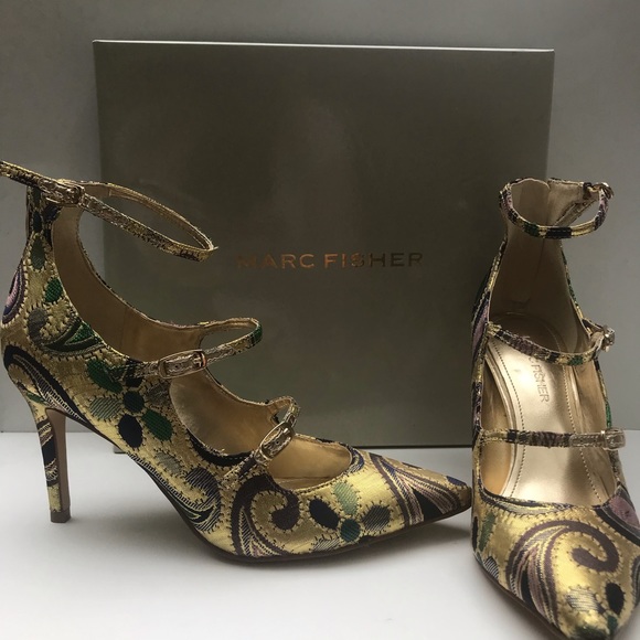 Marc Fisher Brocade Gold Paisley Heels NWOT - Picture 1 of 8